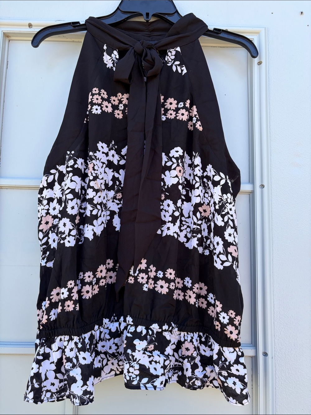New York & Company Black Dress Top with White Floral Accents